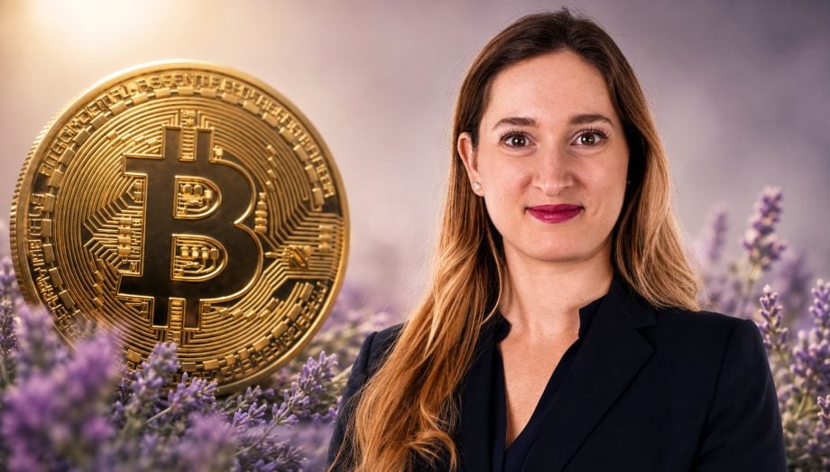 Lisa Tscherry von SatoShe vor einer Bitcoin-Münze