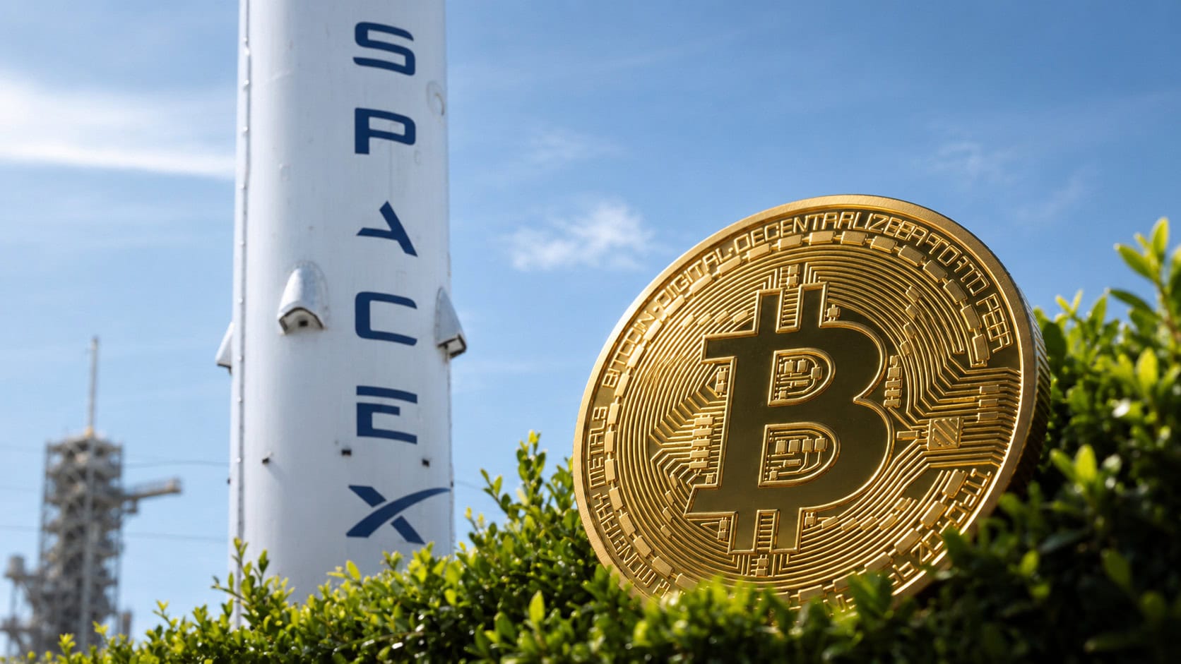 Eine SpaceX-Rakete steht neben einem Bitcoin.