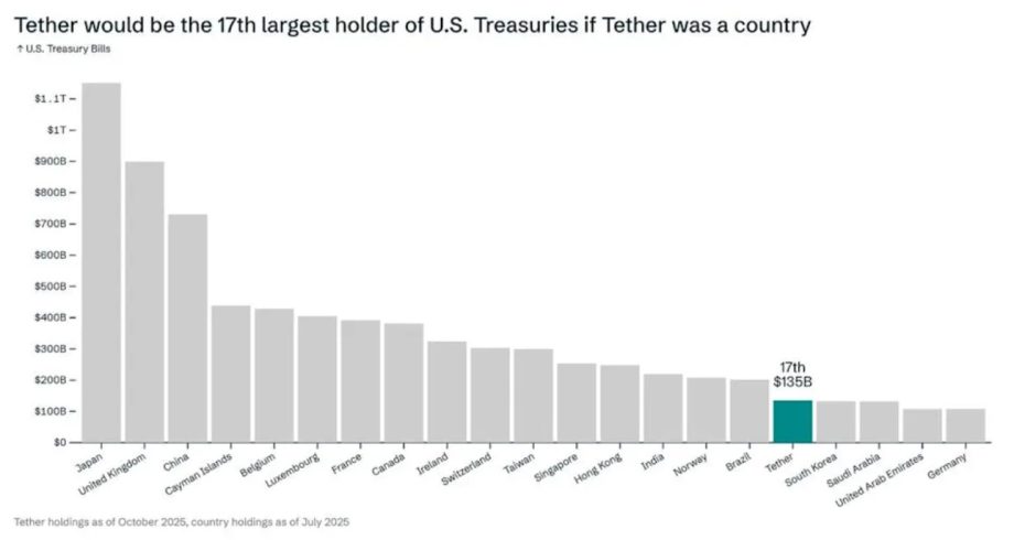 Balkendiagramm zu den größten Haltern von US-Staatsanleihen. Tether würde mit Treasury-Beständen von 135 Milliarden US-Dollar auf Rang 17 liegen, wenn das Unternehmen ein Staat wäre.