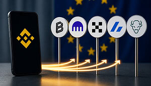 Das Bild zeigt symbolisch den Wechsel von Binance zu anderen Krypto-Börsen im Zuge der MiCA-Regulierung.