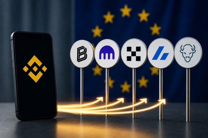 Das Bild zeigt symbolisch den Wechsel von Binance zu anderen Krypto-Börsen im Zuge der MiCA-Regulierung.