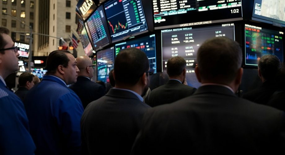 Händler beobachten Kursentwicklungen an der Wall Street vor mehreren Anzeigetafeln.
