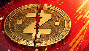 Zcash-Münze zerbricht, daneben fallender Kurs