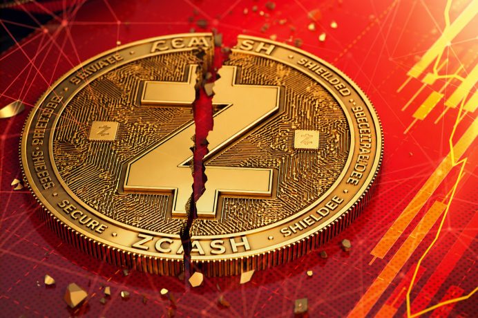 Zcash-Münze zerbricht, daneben fallender Kurs