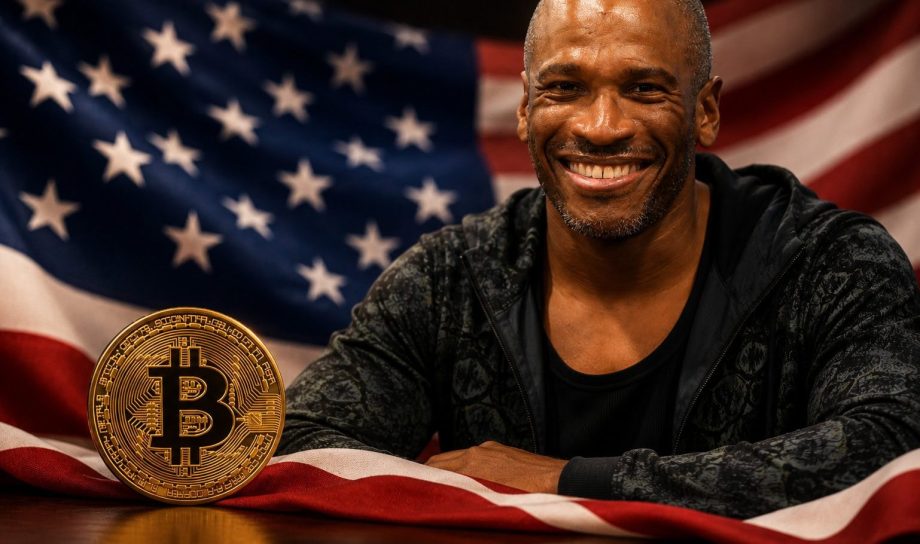 Ein lächelnder Mann steht am rechten Bildrand vor einer US-Flagge. Im Vordergrund liegt eine goldene Bitcoin-Münze auf dem Stoff der amerikanischen Flagge.