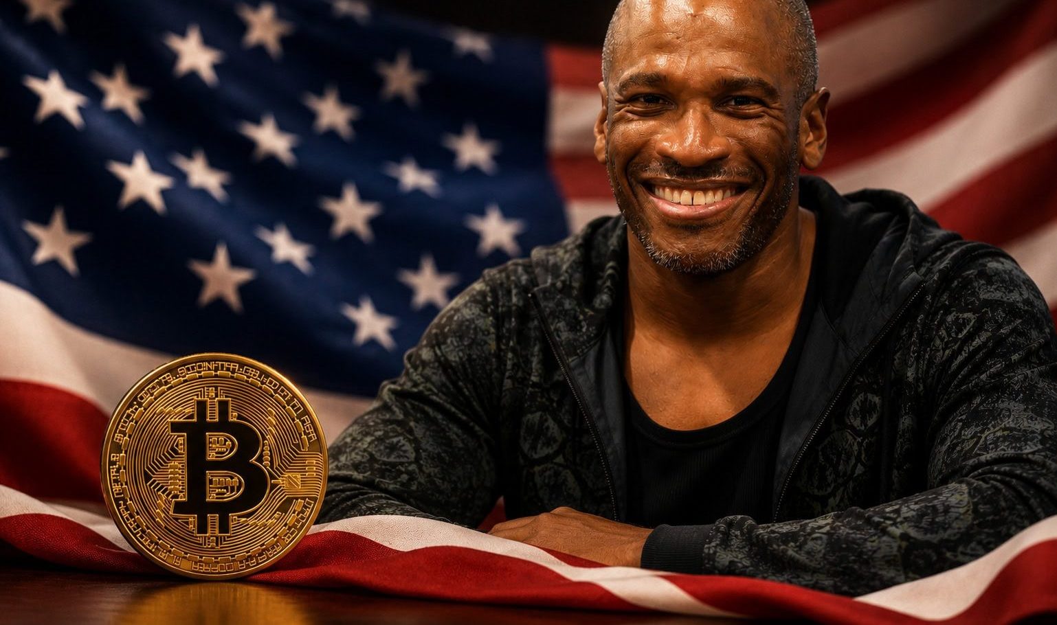 Ein lächelnder Mann steht am rechten Bildrand vor einer US-Flagge. Im Vordergrund liegt eine goldene Bitcoin-Münze auf dem Stoff der amerikanischen Flagge.