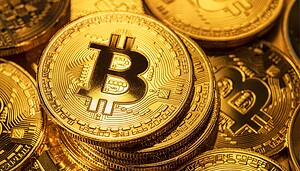 Das Bild zeigt eine Bitcoin-Münze