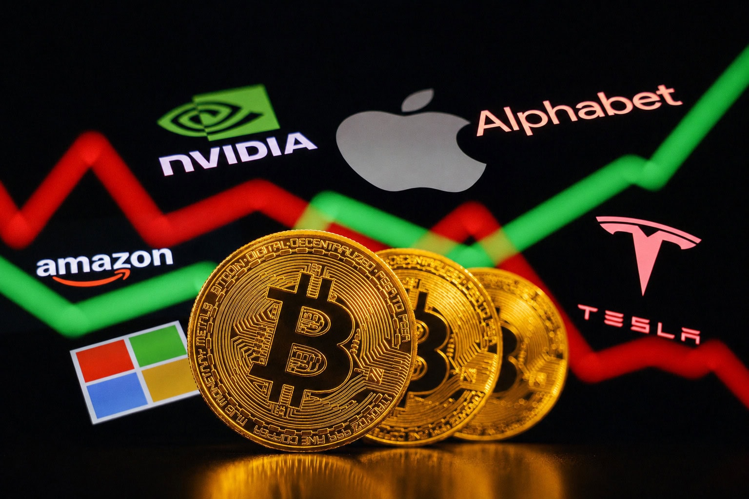 Goldene Bitcoin-Münzen vor den Logos großer Technologieunternehmen und roten sowie grünen Kurslinien.