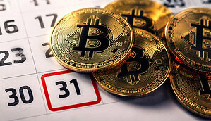 Bitcoin-Münzen über einem Kalender der die 31 rot markiert hat