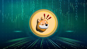 Eine digitale Illustration eines Shiba-Inu-Hundes in einer Goldmünze mit dem Text "Bonk" vor einem Hintergrund aus binärem Code und futuristischen Stadtlandschaftsgrafiken.