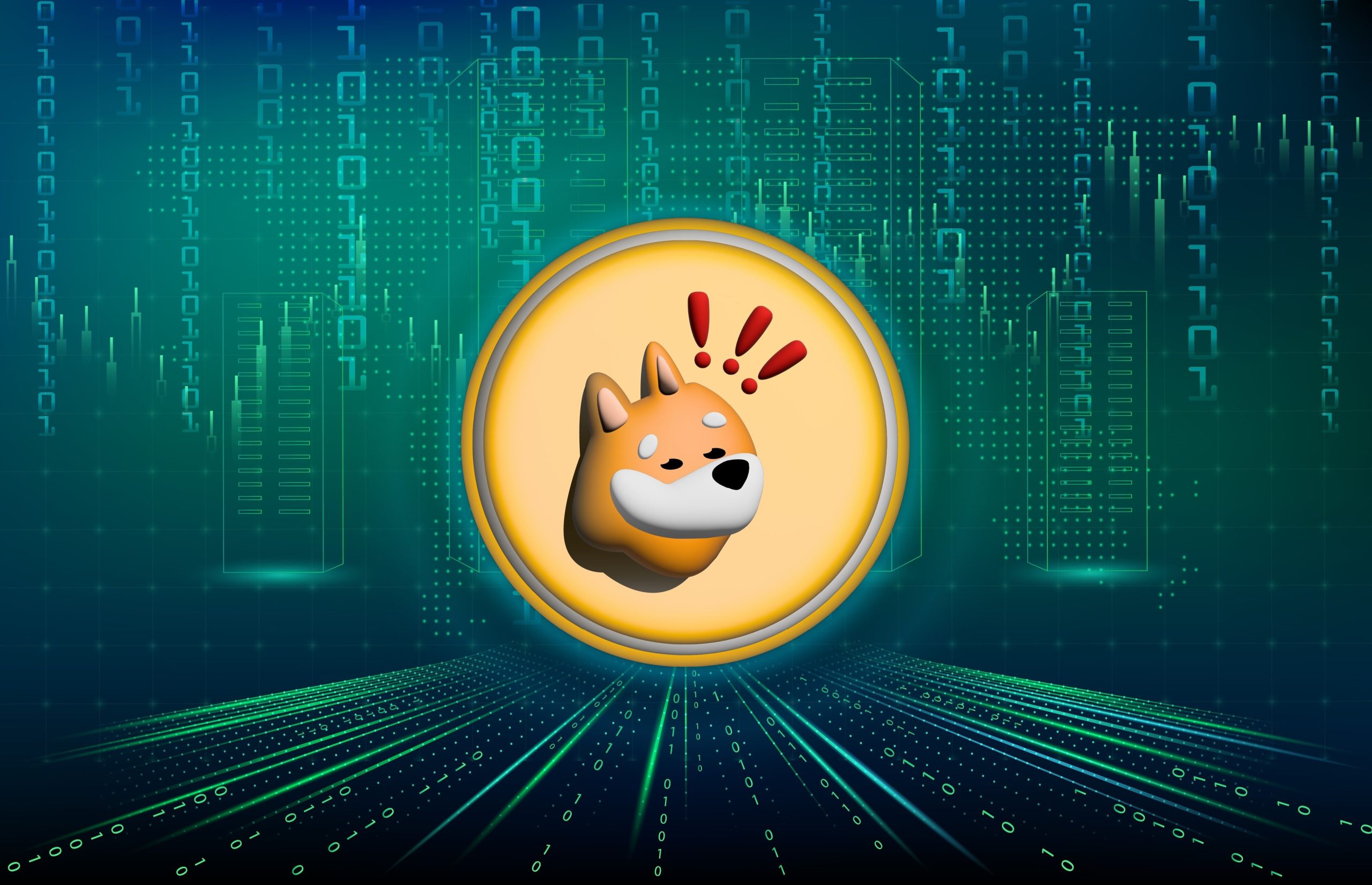Eine digitale Illustration eines Shiba-Inu-Hundes in einer Goldmünze mit dem Text "Bonk" vor einem Hintergrund aus binärem Code und futuristischen Stadtlandschaftsgrafiken.