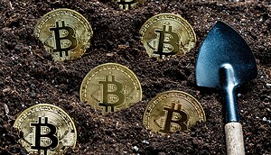 Eine kleine Schaufel liegt neben mehreren in Erde eingegrabenen Bitcoin-Münzen.