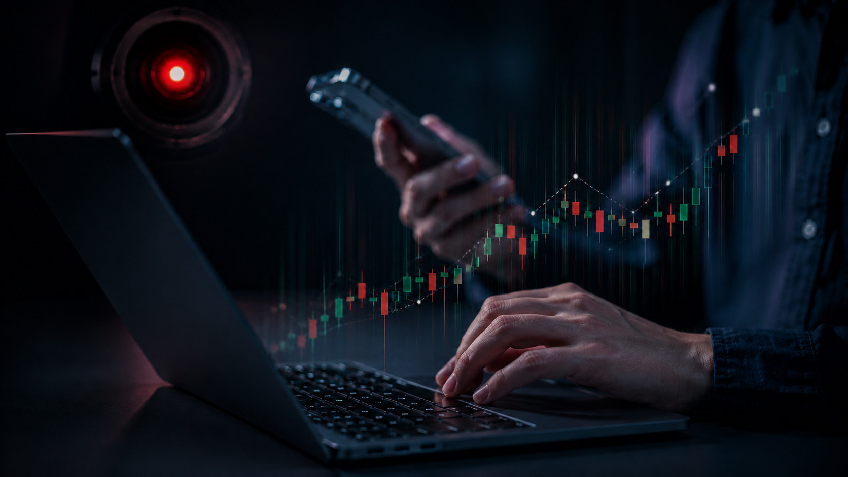 Symbolbild vom Kryptotrading mit Smartphone und Laptop mit Überwachungskamera im Hintergrund