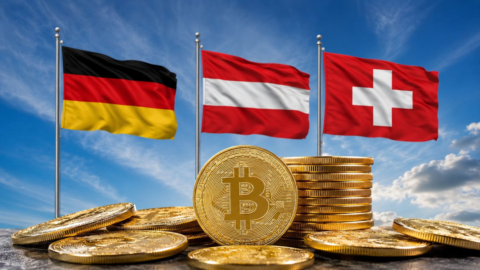 Bitcoin-Münzen vor den Flaggen Deutschlands, Österreichs und der Schweiz.