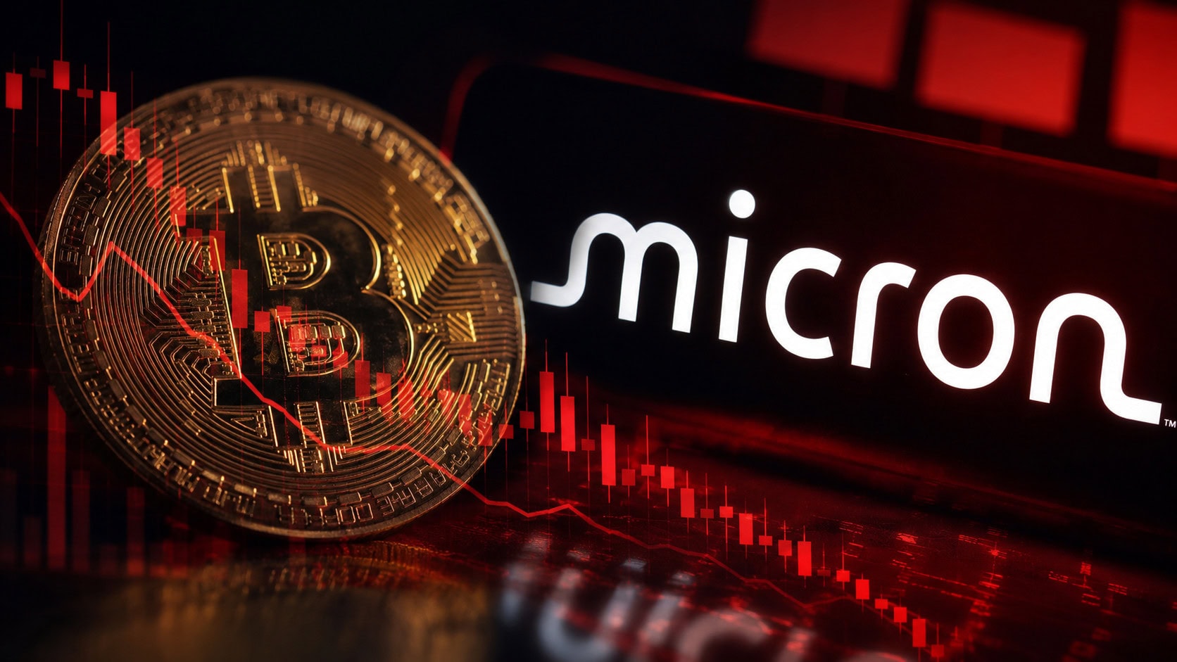 Eine Bitcoin-Münze neben einem Smartphone mit dem Logo von Micron auf rotem Hintergrund und hinter einem Chart Overlay
