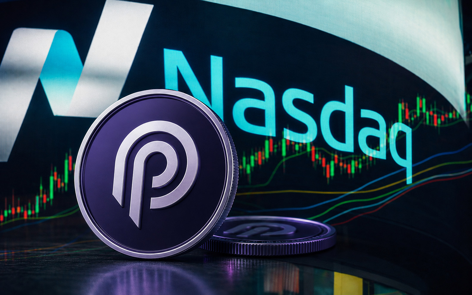 Eine silber-violette Pyth-Münze mit dem Pyth-Logo steht im Vordergrund vor einem großen Nasdaq-Bildschirm mit Börsenlogo und Kursdiagrammen. Die Darstellung symbolisiert die Partnerschaft zwischen Nasdaq und dem Oracle-Netzwerk Pyth sowie die Bereitstellung von Marktdaten über den Pyth Data Marketplace.