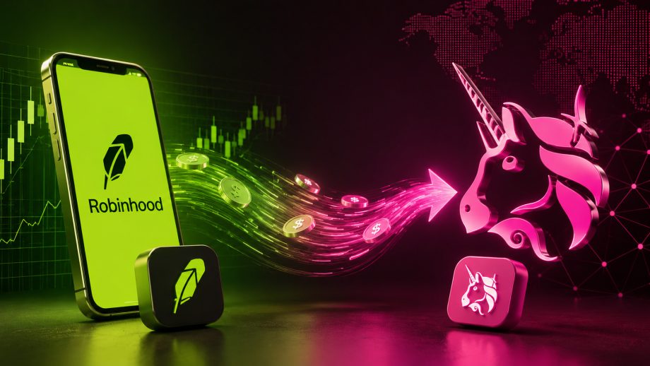 Das Robinhood Logo und das UniSwap Logo, verbunden durch Token.