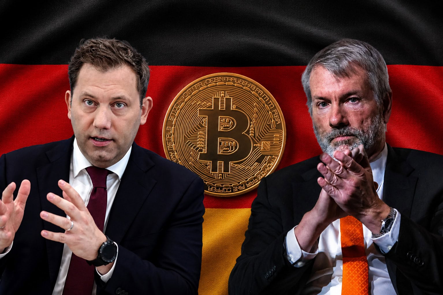 Bundesfinanzminister Lars Klingbeil und Strategy-Mitgründer Michael Saylor stehen links und rechts neben einem Bitcoin vor der Deutschlandflagge. Die Darstellung symbolisiert die Debatte um Bitcoin, Krypto-Regulierung und Steuerpolitik in Deutschland.