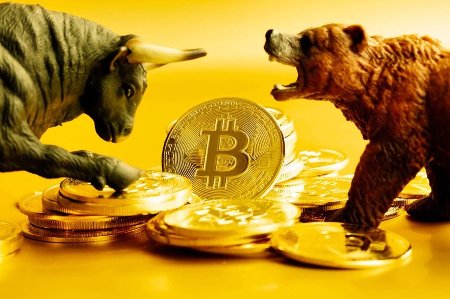 Ein Bulle und ein Bär ringen um einen Stapel Bitcoin-Münzen