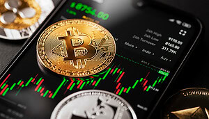 Eine Bitcoin-Münze auf einem Smartphone