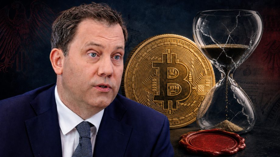 Finanzminister Lars Klingbeil vor Bitcoin-Münze und Sanduhr