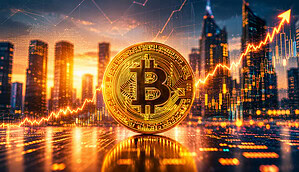 Bitcoin-Münze vor urbanem Hintergrund