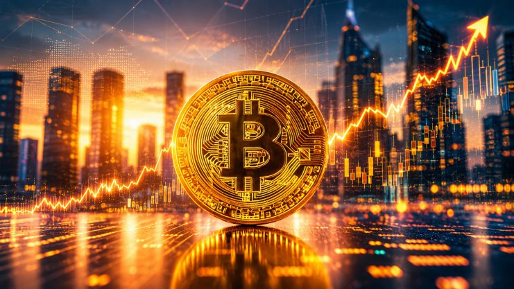 Bitcoin-Münze vor urbanem Hintergrund