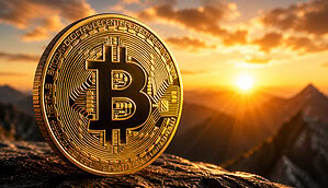Eine goldene Bitcoin-Münze steht auf einem Felsen und im Hintergrund sieht man ein Gebirge, wo die Sonne aufgeht
