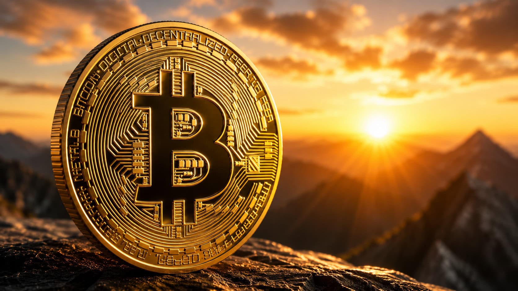 Eine goldene Bitcoin-Münze steht auf einem Felsen und im Hintergrund sieht man ein Gebirge, wo die Sonne aufgeht