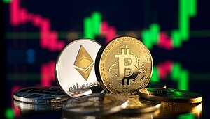 Eine Bitcoin- und Ethereum-Münze vor einem Chart