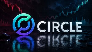 3D-Logo und der Schriftzug von Circle vor steigenden und fallenden Kurscharts