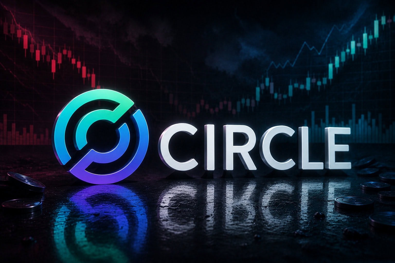 3D-Logo und der Schriftzug von Circle vor steigenden und fallenden Kurscharts