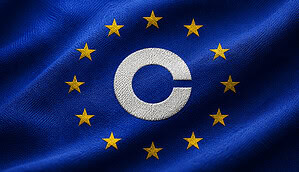 Das Coinbase-Logo eingewoben in die Europaflagge