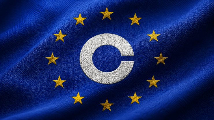 Das Coinbase-Logo eingewoben in die Europaflagge