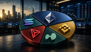 Ethereum, BNB, Hype,Tron, Sol Logos vor einem modernen "Tech"-Hintergrund