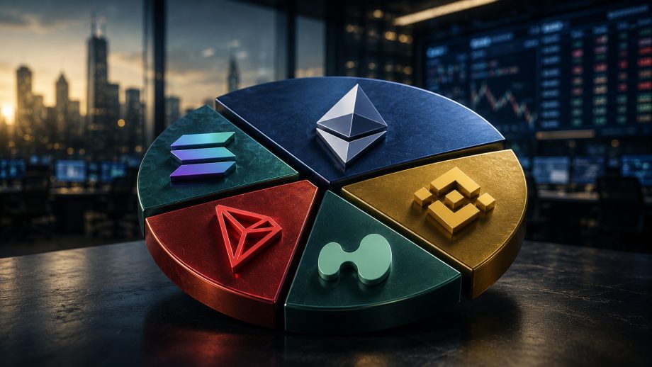Ethereum, BNB, Hype,Tron, Sol Logos vor einem modernen "Tech"-Hintergrund