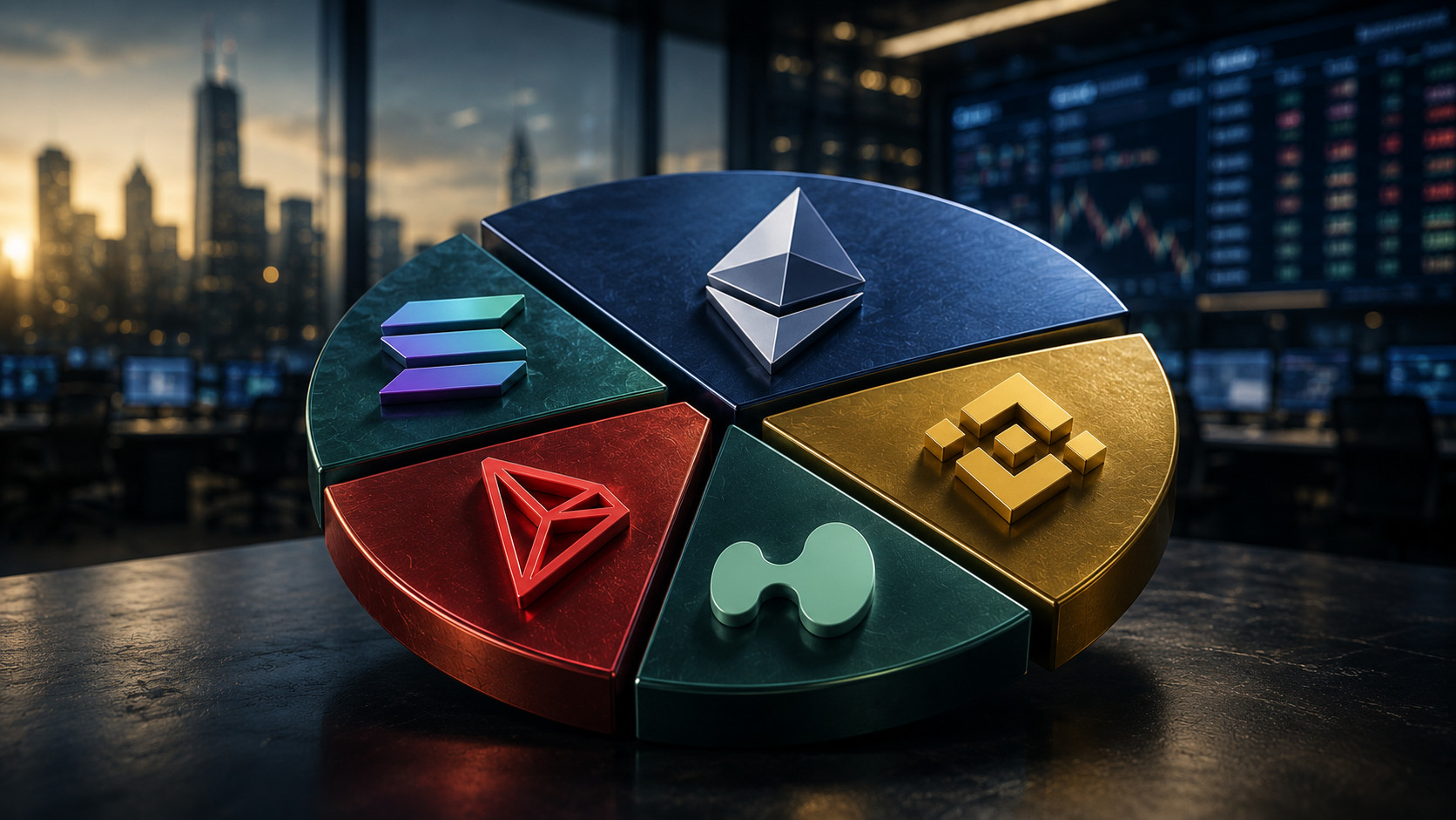 Ethereum, BNB, Hype,Tron, Sol Logos vor einem modernen "Tech"-Hintergrund