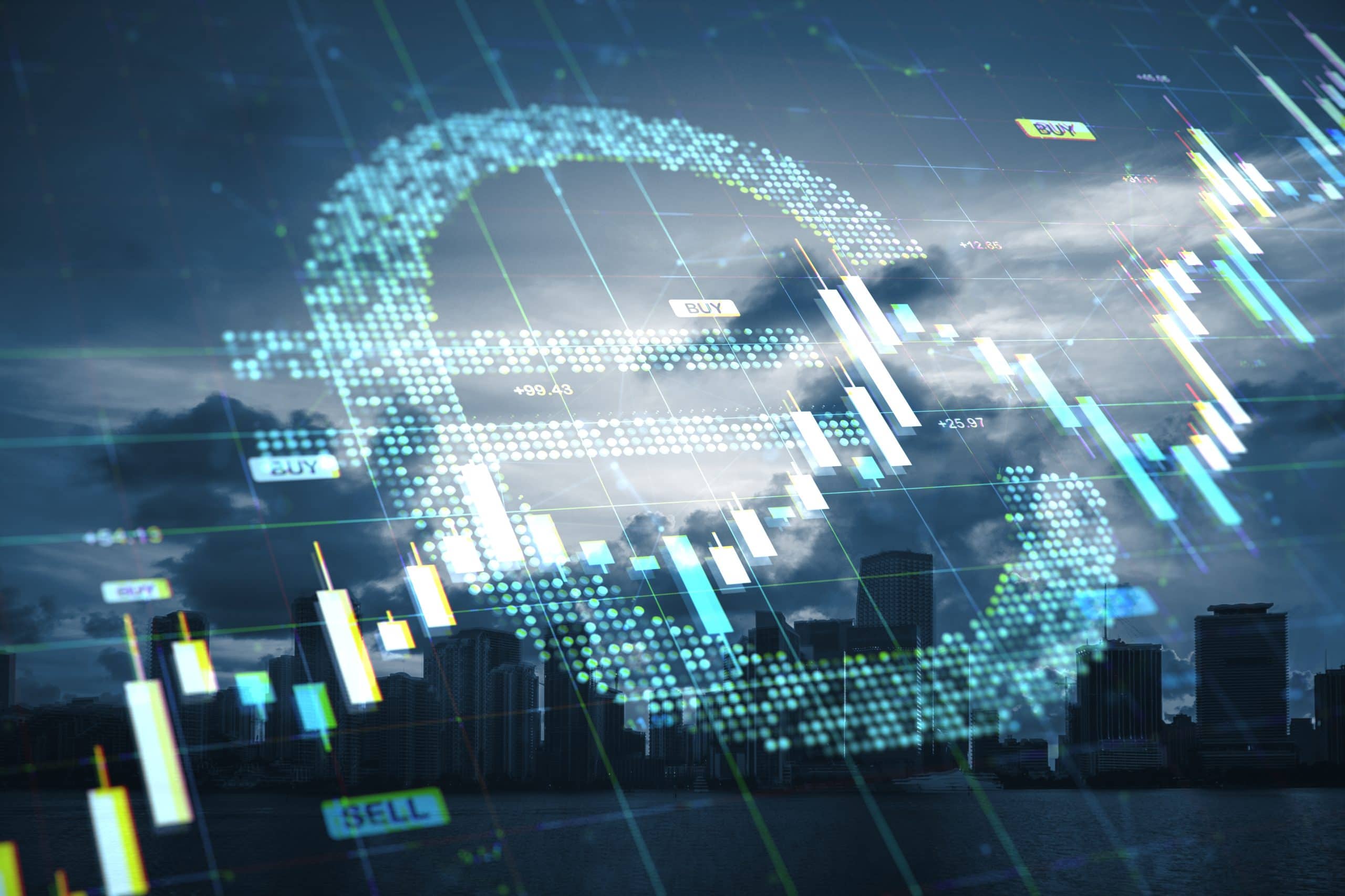 Euro,Symbol,With,Digital,Financial,Chart,Overlay,On,City,Skyline