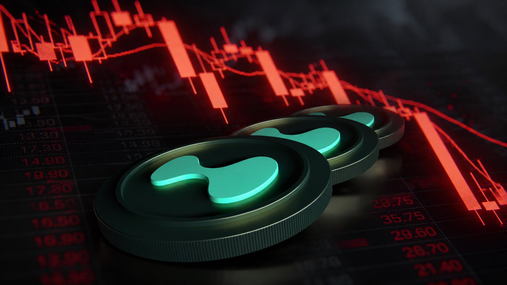 Drei Hype-Token aufeinander gestapelt vor einem roten Chart-Hintergrund