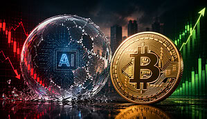 Symbolische Darstellung der KI-Blase sowie eine Bitcoin-Münze