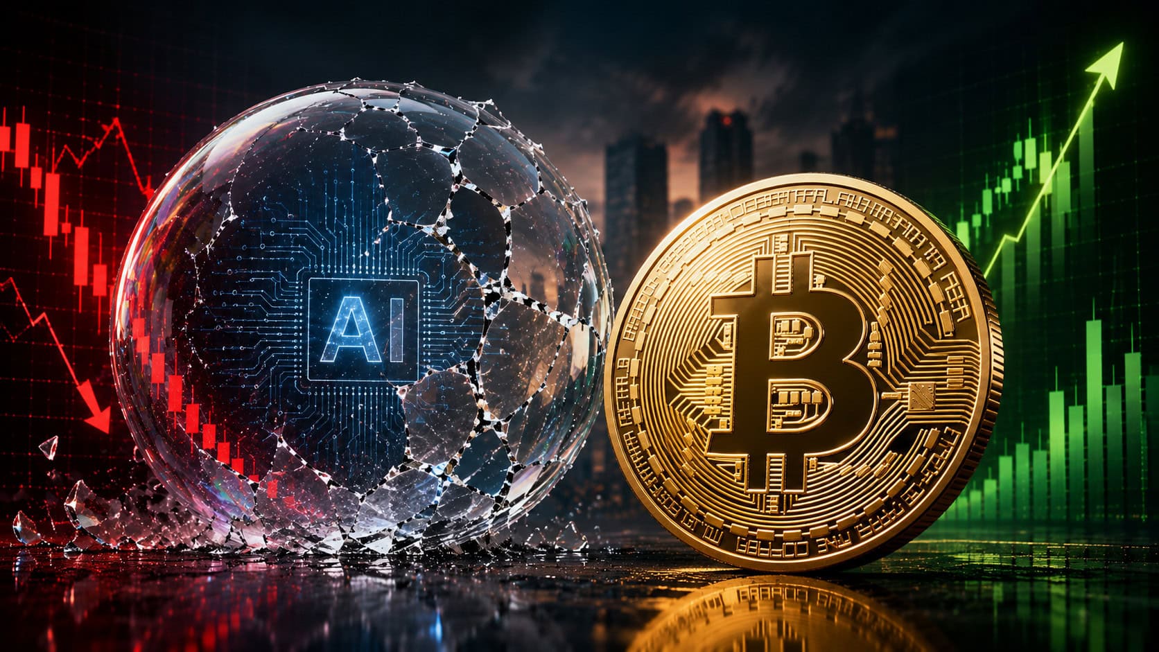 Symbolische Darstellung der KI-Blase sowie eine Bitcoin-Münze
