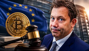 Finanzminister Klingbeil, eine Bitcoin-Münze und EU-Fahne