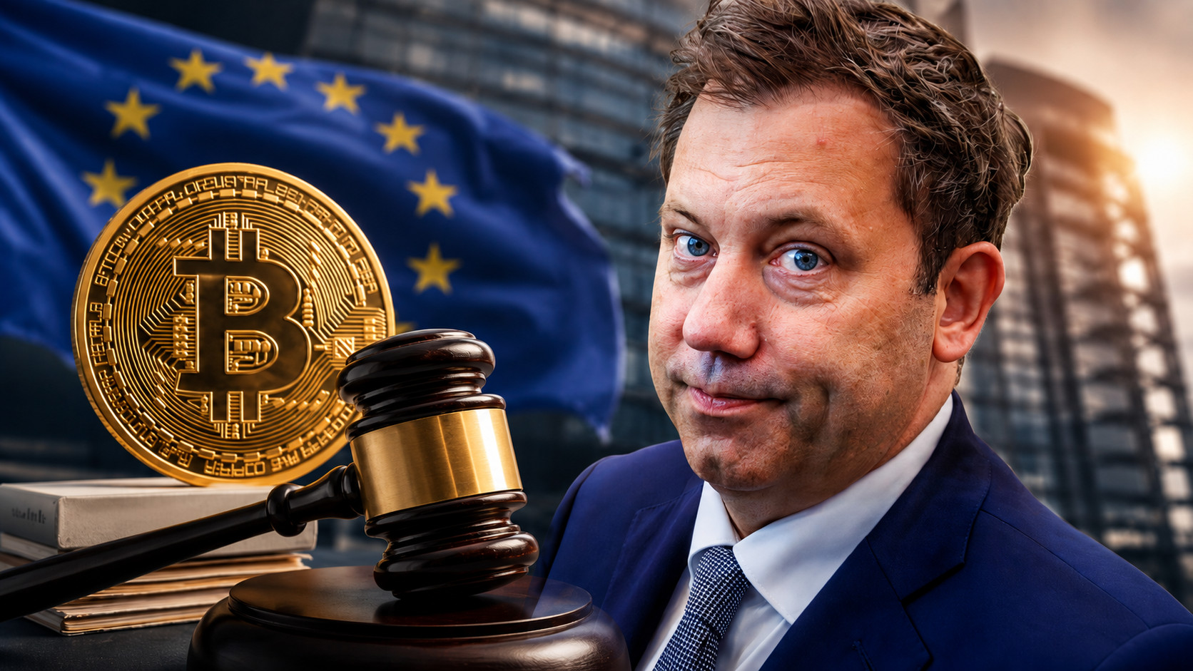 Finanzminister Klingbeil, eine Bitcoin-Münze und EU-Fahne