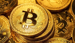Das Bild zeigt eine Bitcoin-Münze