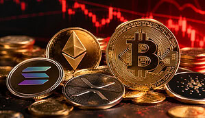 Bitcoin, Solana, XRP und andere Münzen vor rotem Chartbild