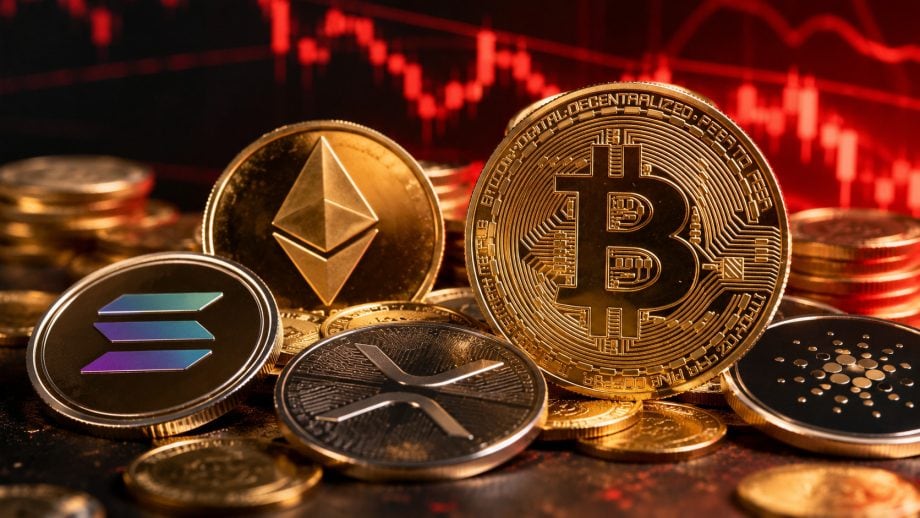 Bitcoin, Solana, XRP und andere Münzen vor rotem Chartbild