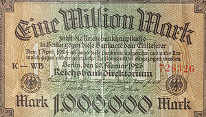 Historische Reichsbanknote über eine Million Mark aus dem Jahr 1923, dem Höhepunkt der Hyperinflation in der Weimarer Republik.