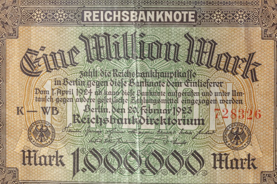 Historische Reichsbanknote über eine Million Mark aus dem Jahr 1923, dem Höhepunkt der Hyperinflation in der Weimarer Republik.
