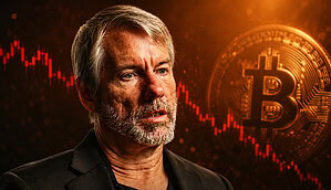Saylor vor Bitcoin-Münze und fallendem Chart