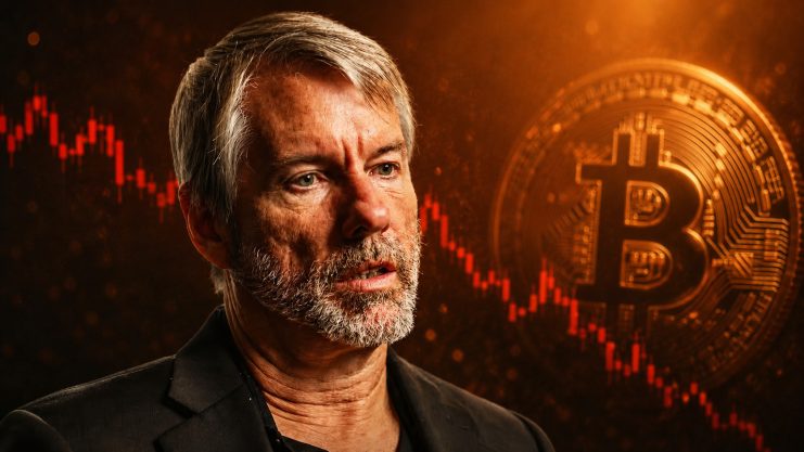 Saylor vor Bitcoin-Münze und fallendem Chart